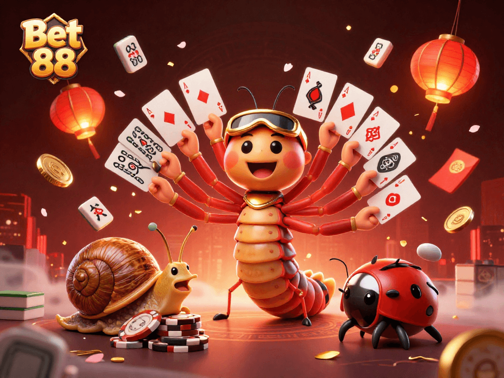 Bet 88 casino scene featuring a colorful millipede dealer, floating mahjong tiles, and vibrant decorations.
