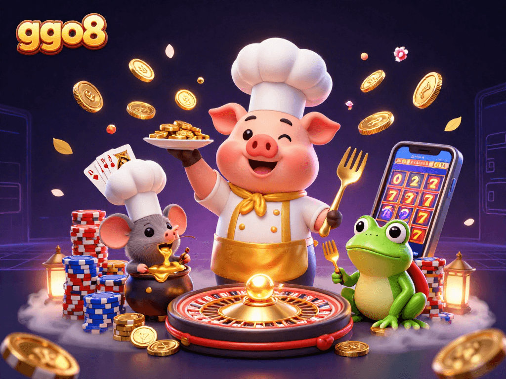 ggo8 offers a vibrant gaming scene with playful characters, gold coins, and casino elements showcasing online gaming excitement.