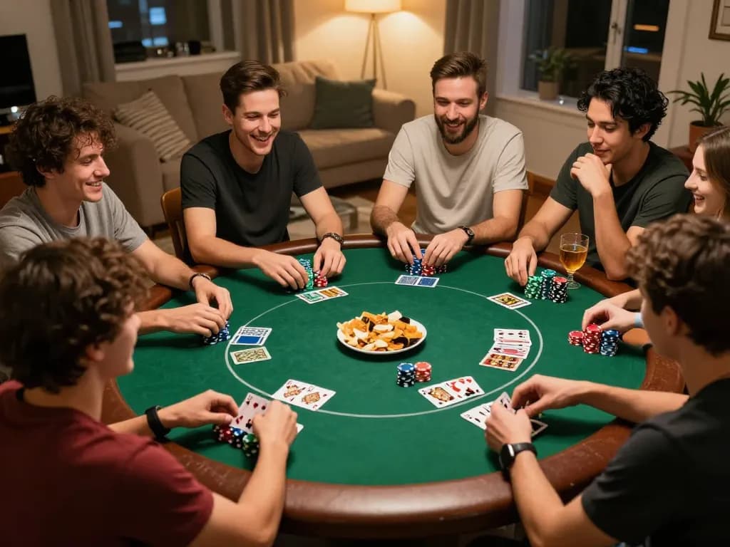 Friends enjoying a poker night at home, showcasing an engaging scene around the 9bet com gaming table.