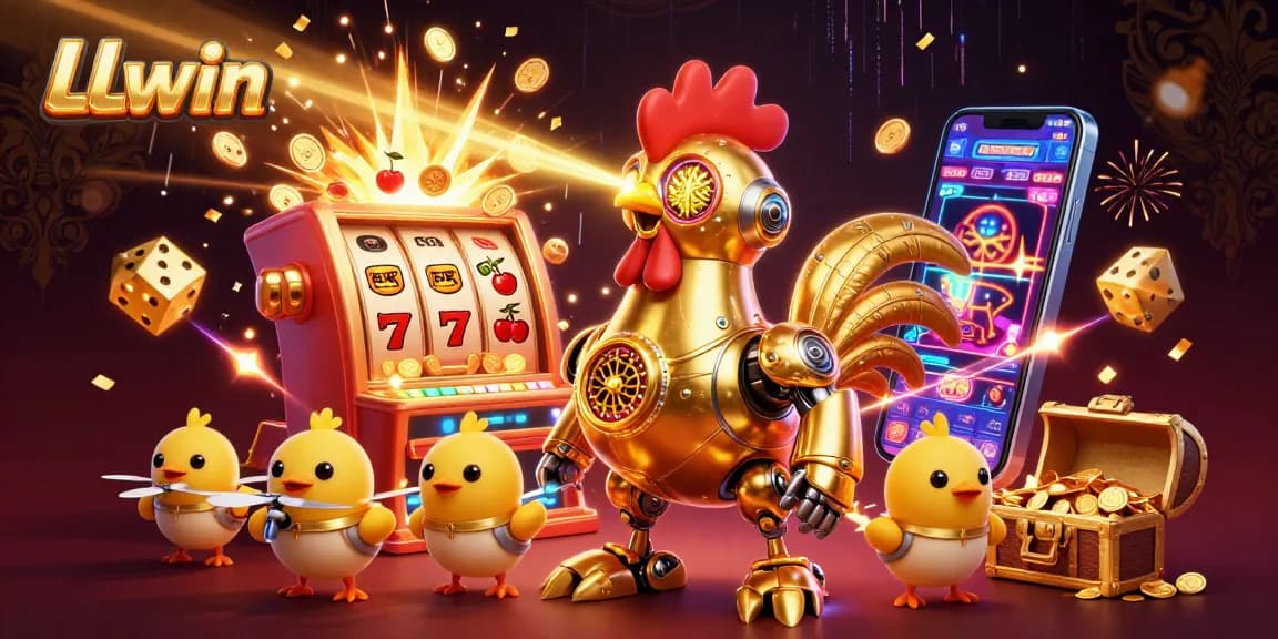 LLwin features a golden rooster robot and baby chick drones amid a vibrant casino jackpot scene.