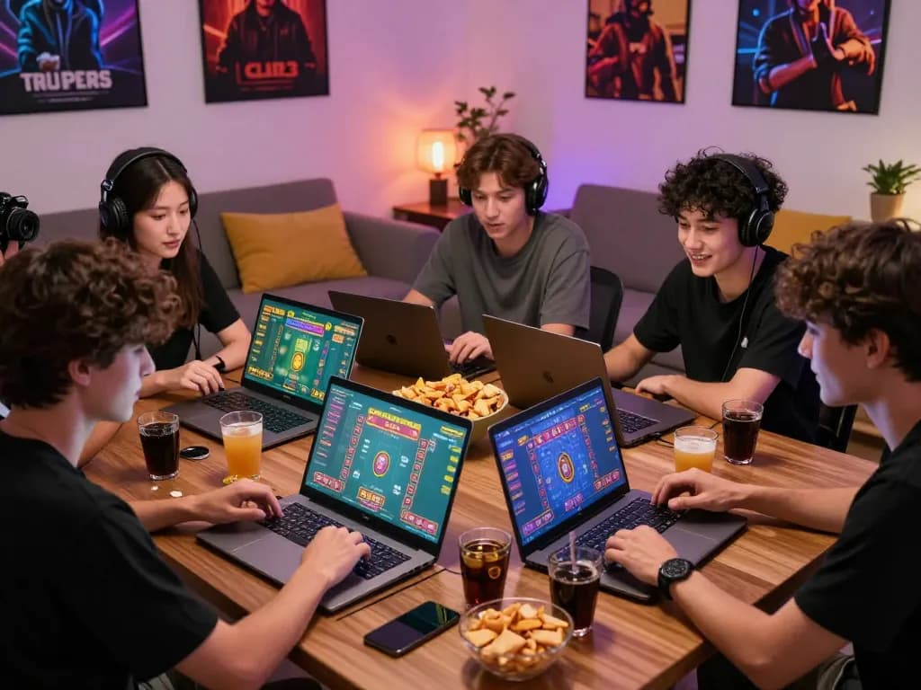Exciting gaming scene of friends playing tài xỉu MD5 in a cozy living room filled with snacks, laughter, and vibrant graphics on screens.