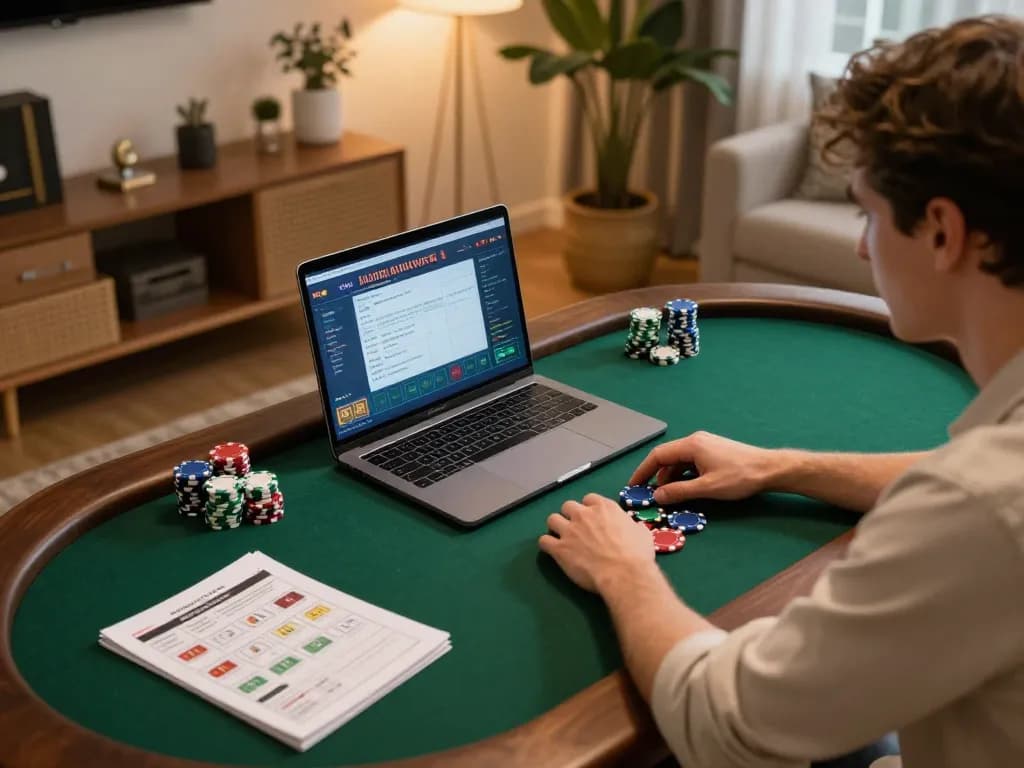 Player strategizing on X88.COM with poker chips and notes in a cozy home environment