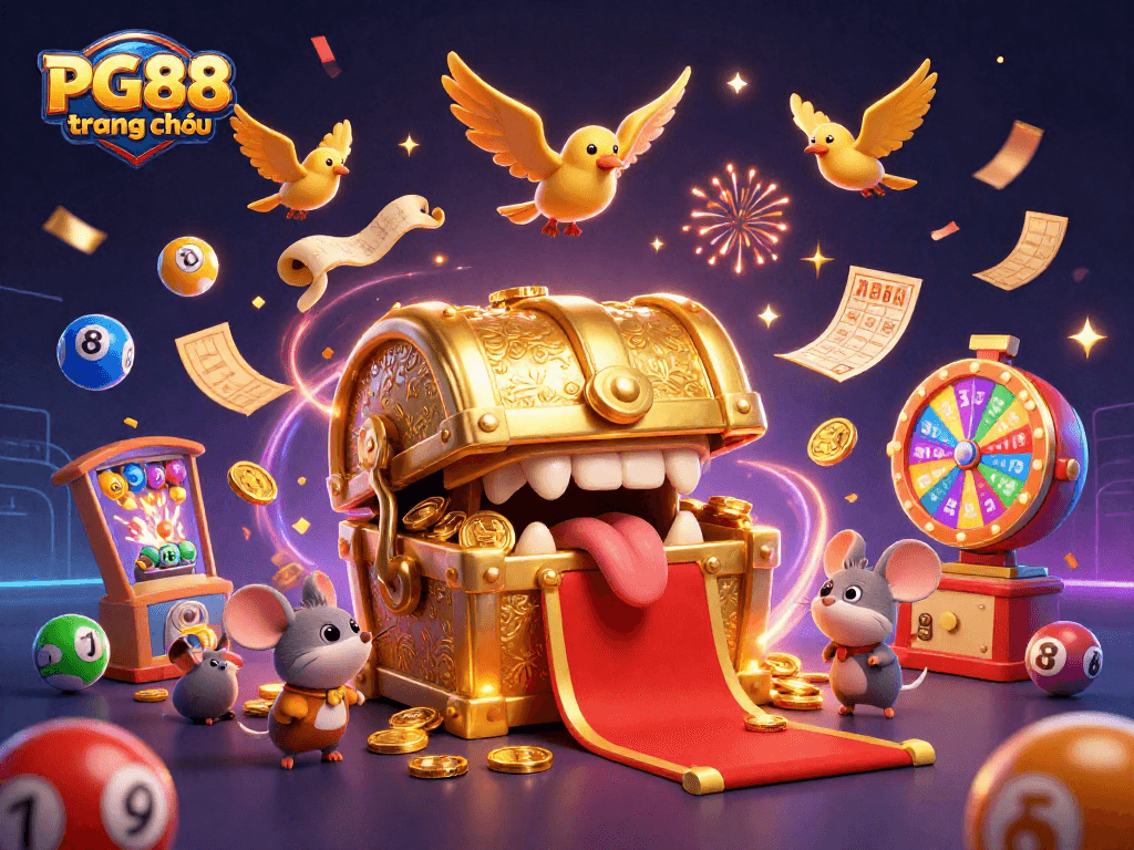 Engage with PG88 trang chủ in an immersive casino adventure featuring vibrant lottery balls and golden treasures.