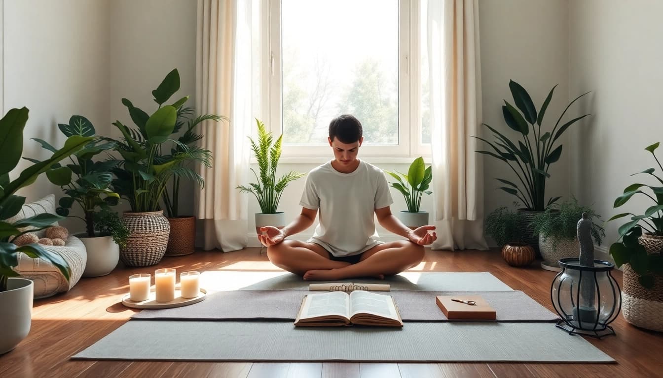 Relieving stress and anxiety through mindfulness practice in a serene setting.