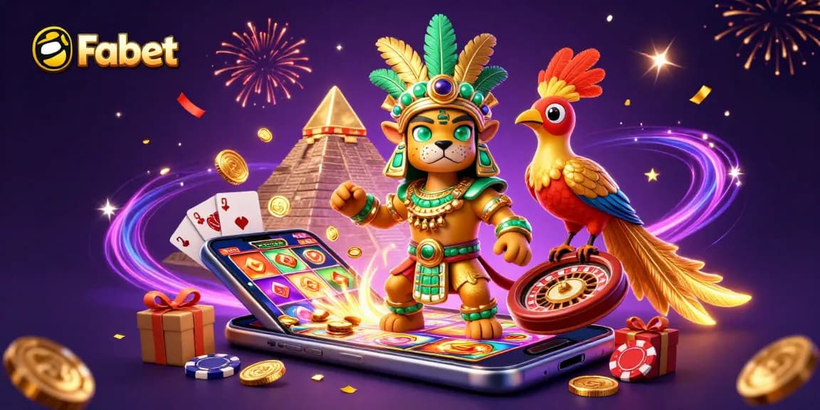 Experience exciting gaming with Fabet's Mayan priest and quetzal bird amid vibrant casino elements.