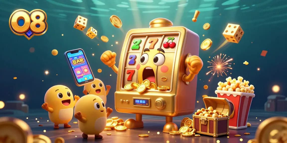 O8 slot machine wins a massive jackpot as coins pour out in an exciting casino scene.