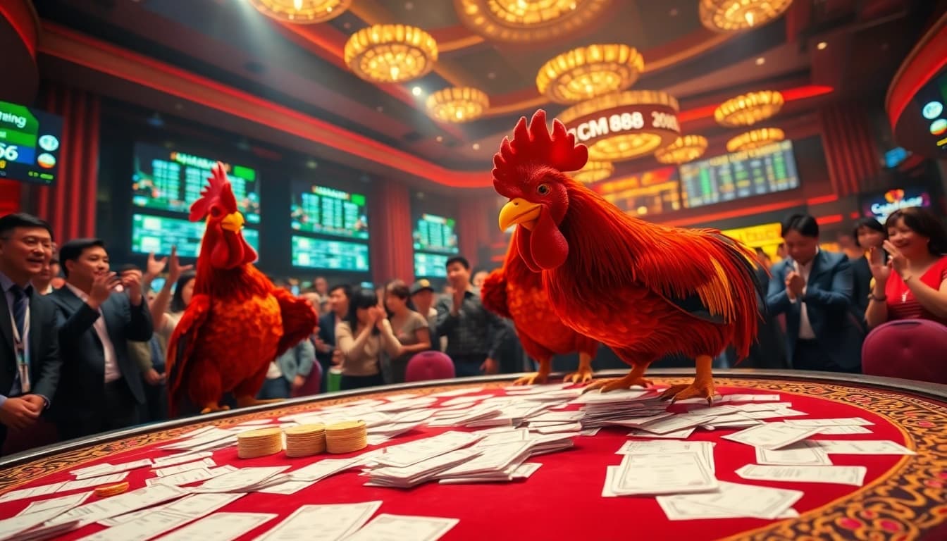 Cockfighting excitement at Cm88, showcasing betting slips and digital odds screens for engaged gamblers.