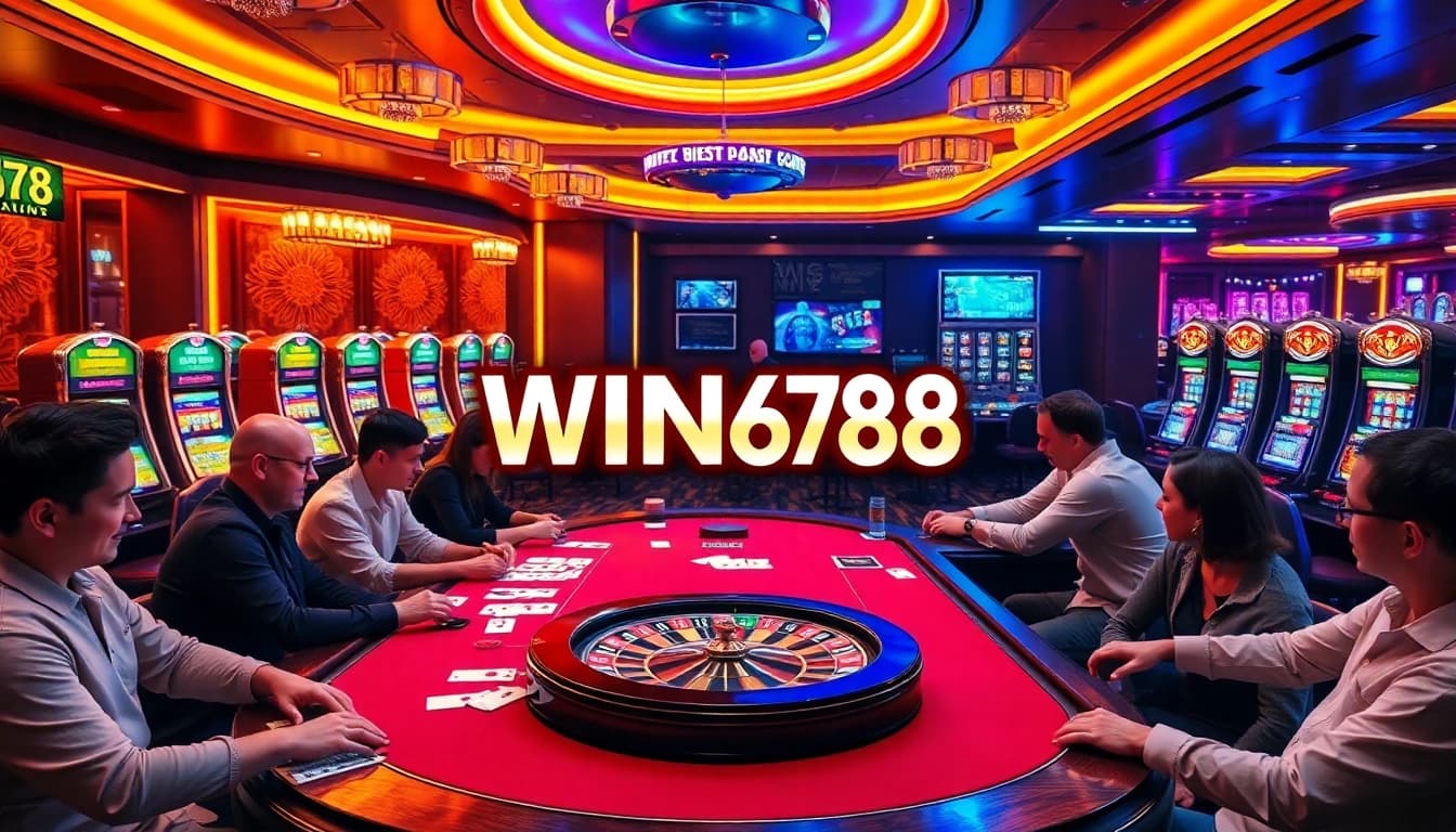 WIN678 logo displayed in a vibrant casino scene filled with players enjoying poker and slot machines.