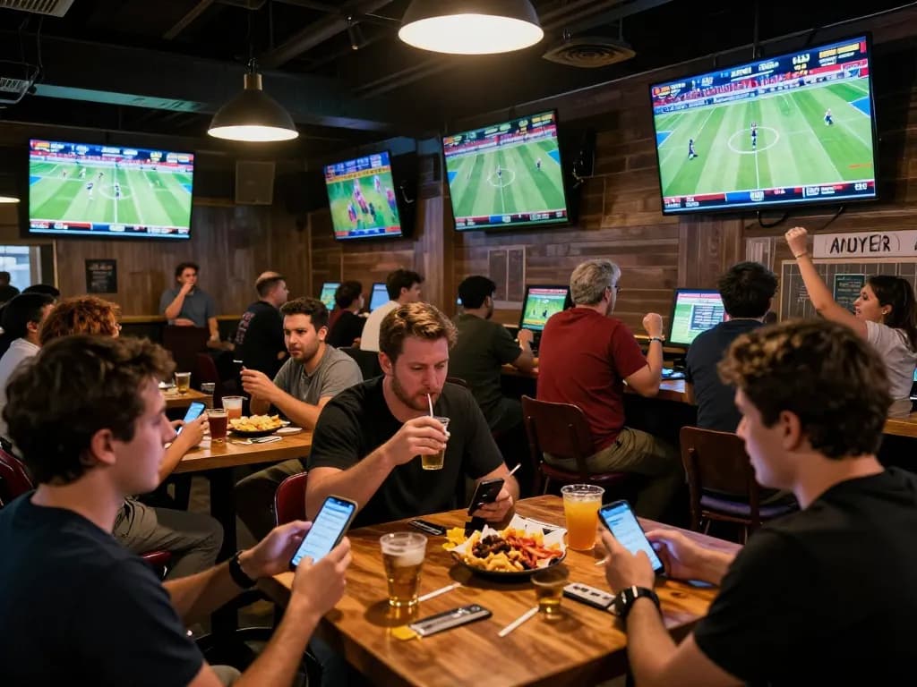 Excited bettors engaging with Da88 sports betting at a lively sports bar with multiple screens.