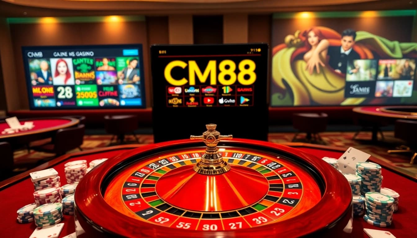 Experience the thrill of gambling with CM88 at a luxurious casino setting featuring roulette and poker elements.