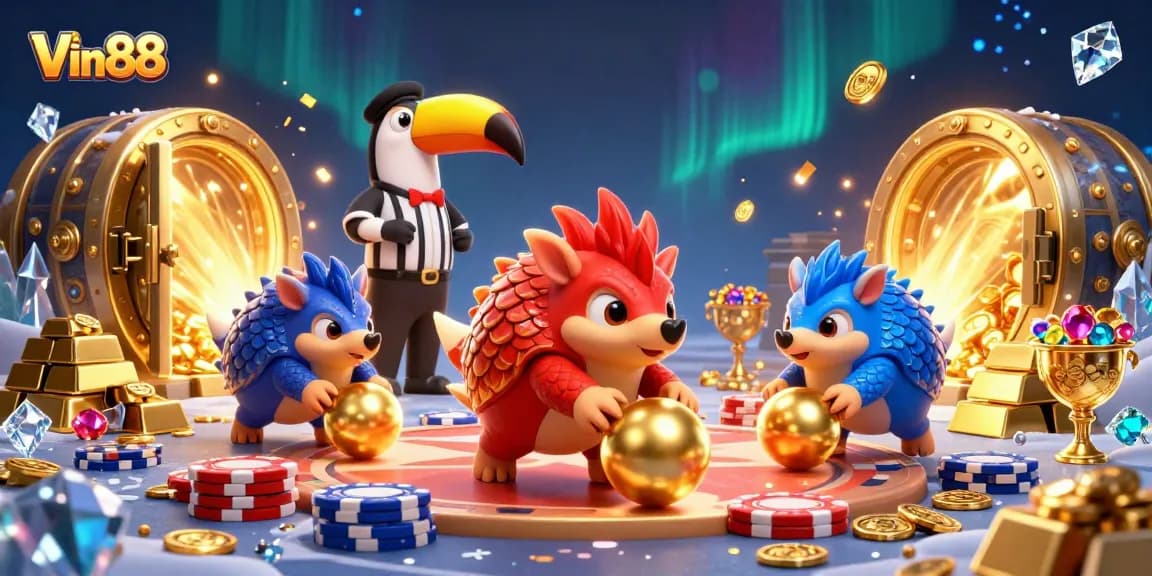 Experience vibrant Vin88 gaming action with dynamic pangolins, poker chips, and treasures galore.