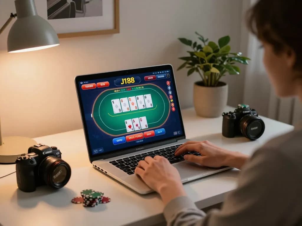 Player engaging in J188 online casino gaming on a laptop with vibrant poker interface