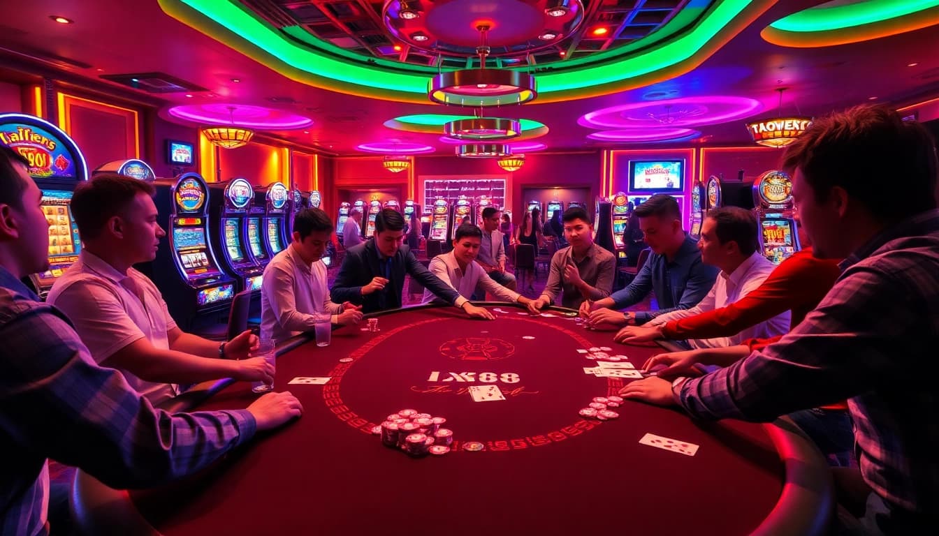 AX88 gaming table surrounded by players celebrating a jackpot win in a lively casino setting.