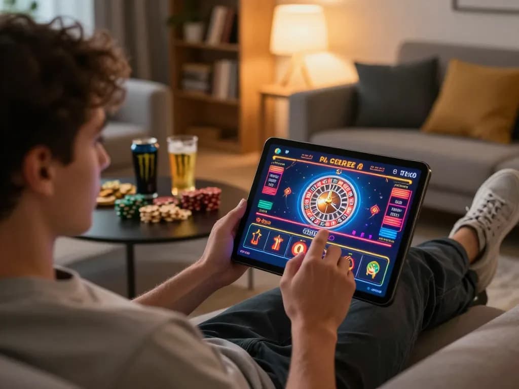 Enjoying mobile casino gaming at home with du88 com on smartphone, vibrant roulette interface, warm setting