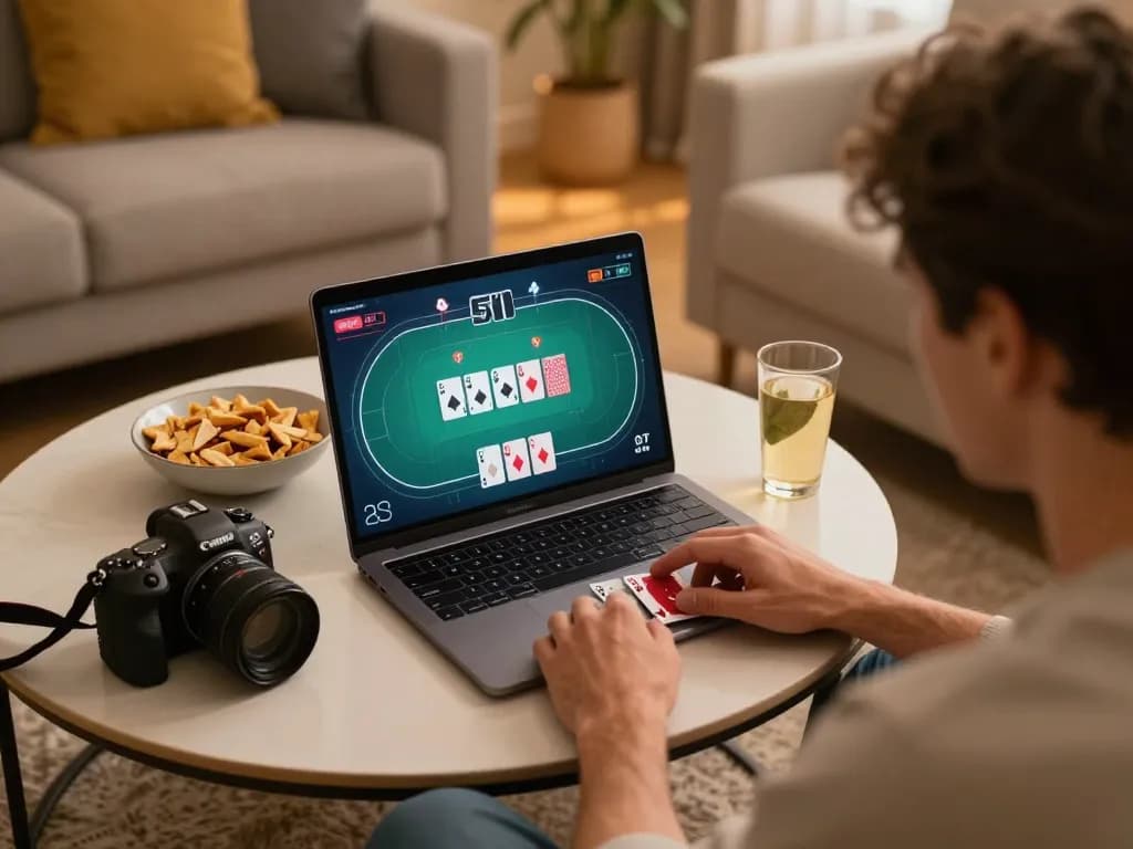 11win user strategically playing poker online in a comfortable living room setting