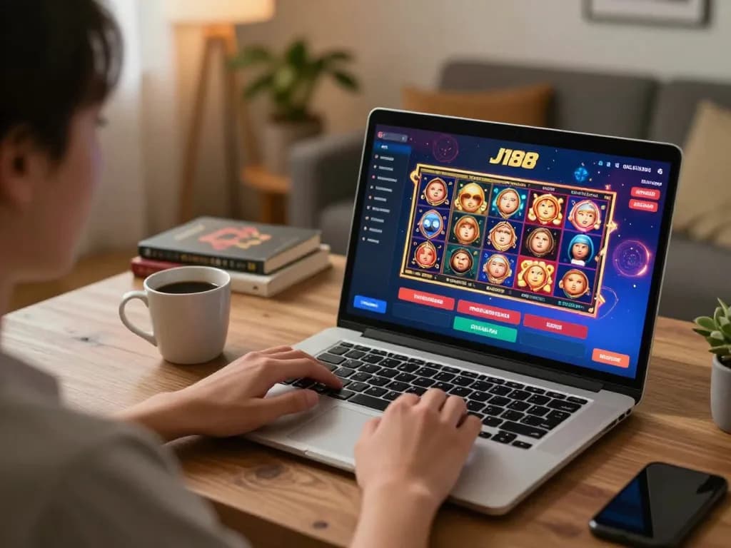 Person experiencing J188 online casino gaming with vibrant slot games, showcasing a cozy home setup.