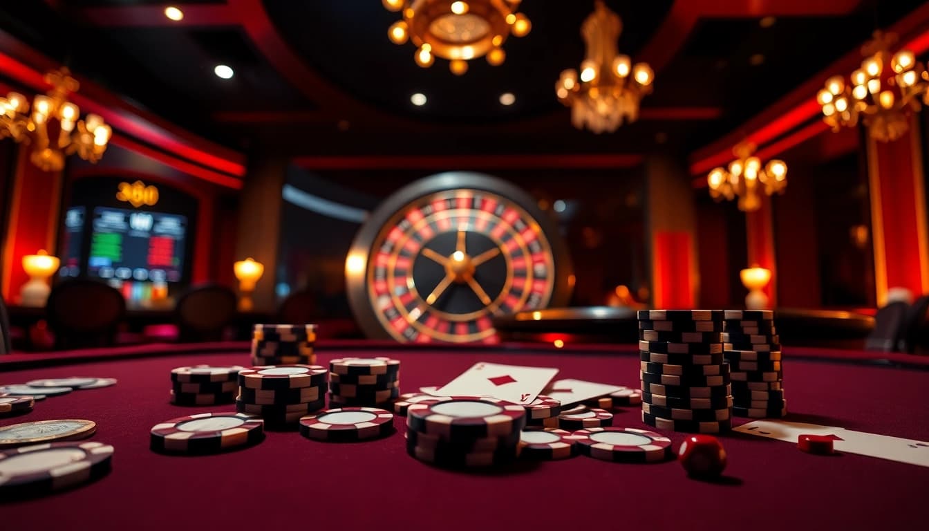 Experience high-stakes gaming at XX88 with vibrant poker chips and an exciting roulette wheel.