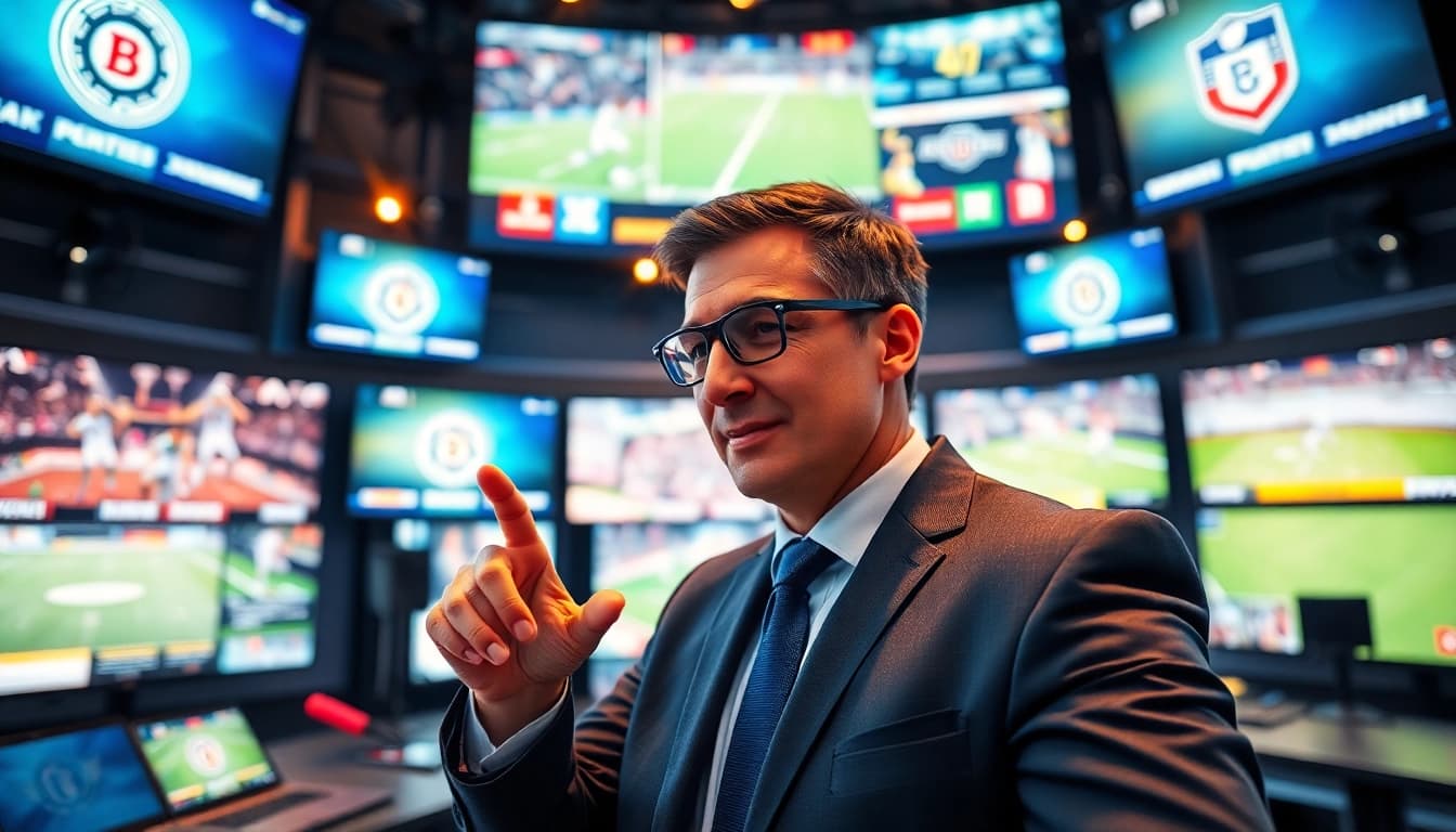 Engaging sports broadcasting scene showcasing dynamic studio action and technology.