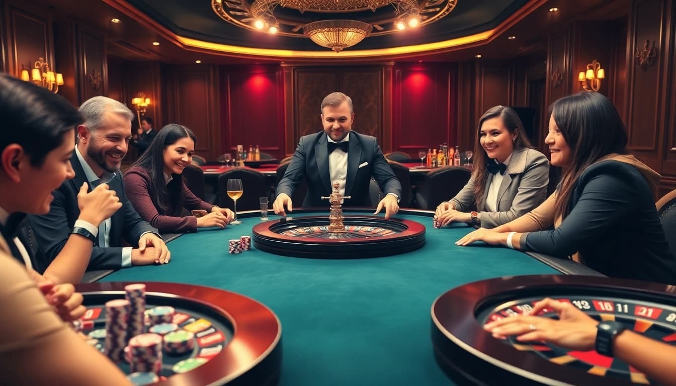 AF88 players engaging in intense poker action at a luxurious casino table.