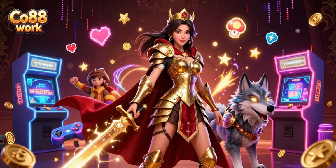Spin and win with Co88 work, featuring a warrior queen in an energetic casino scene.