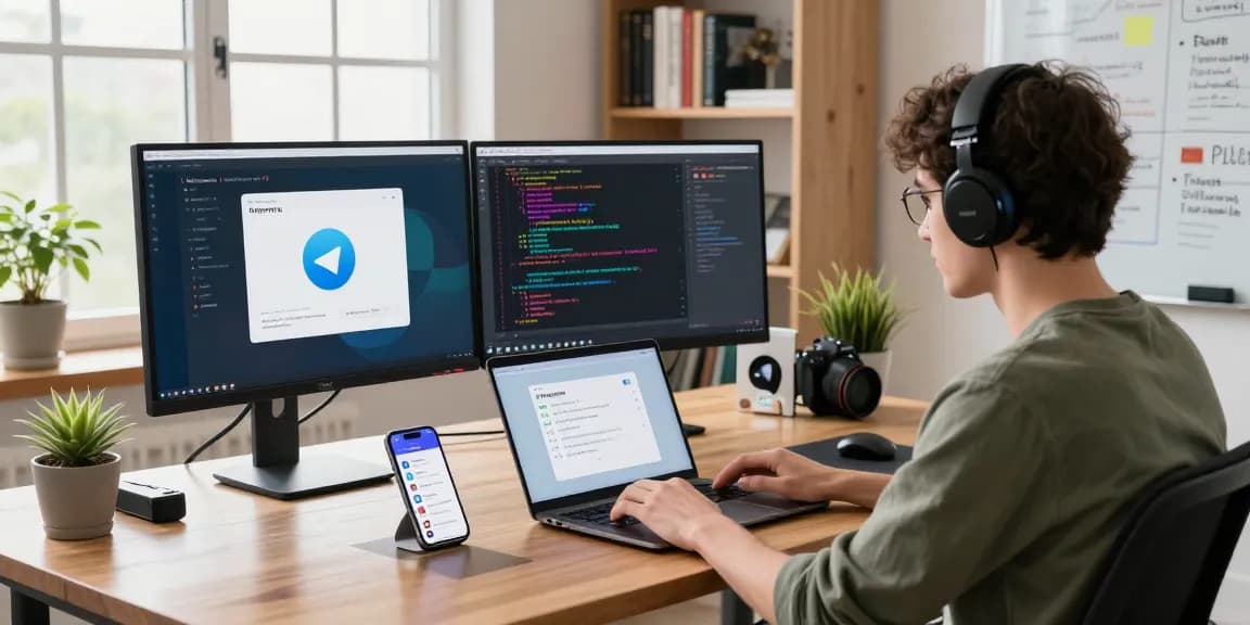 Customize Telegram Chinese language settings in a modern tech workspace.