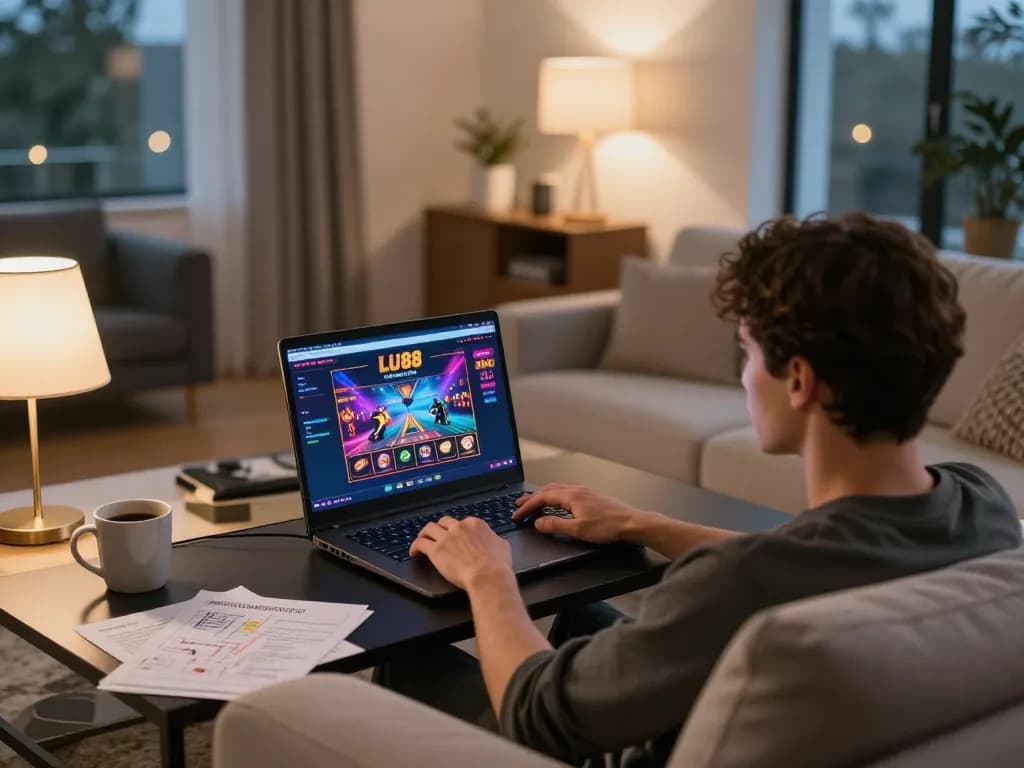 Player actively engaging with LU88 online casino on laptop in a cozy home setting