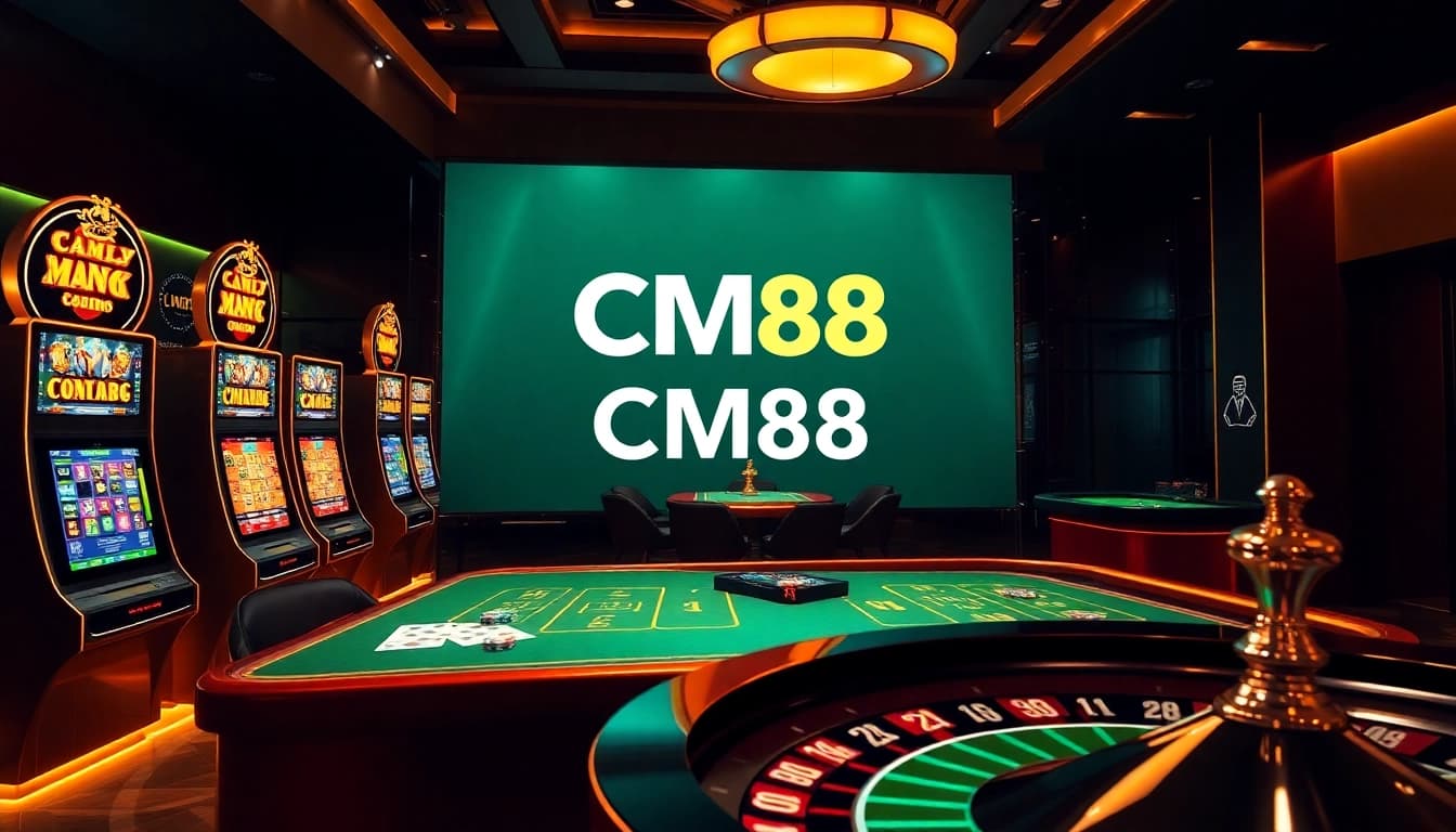 Experience the excitement of CM88 with a vibrant online casino scene showcasing thrilling games and elegant design.