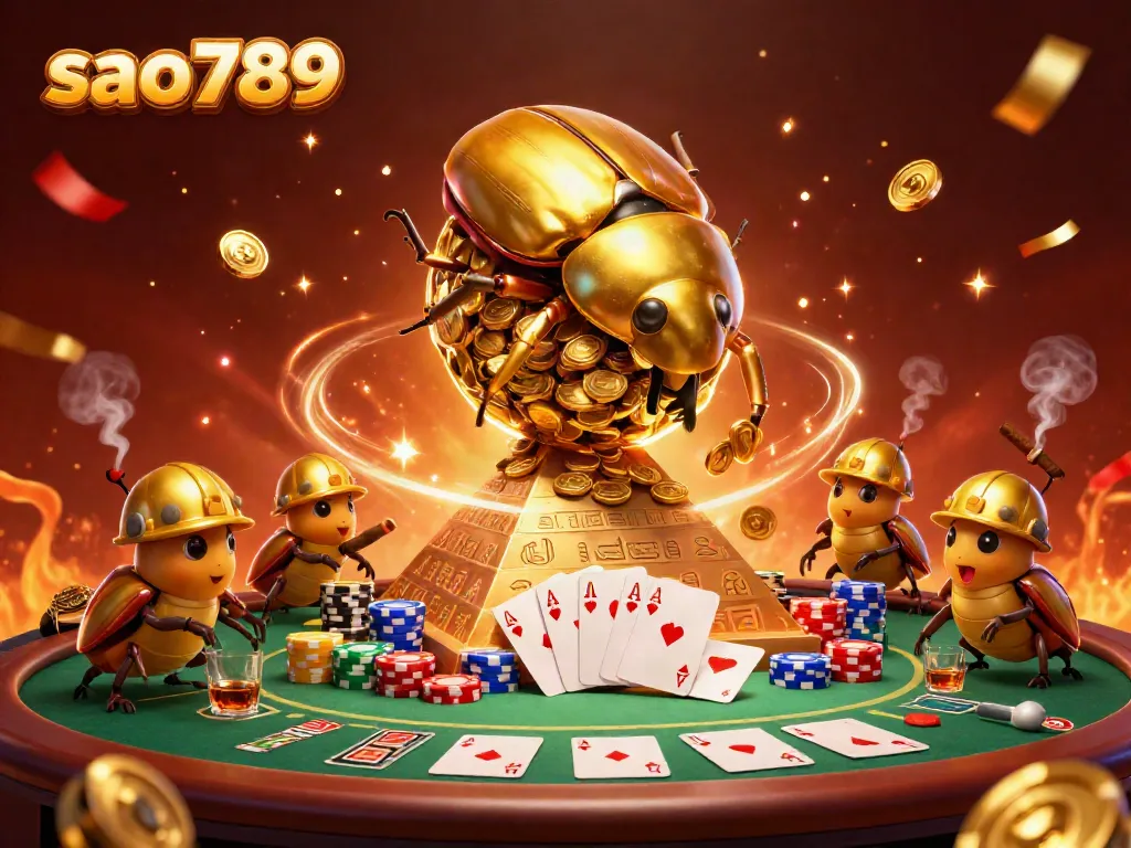 Sao789 casino scene with golden dung beetles and poker elements celebrating a big win.