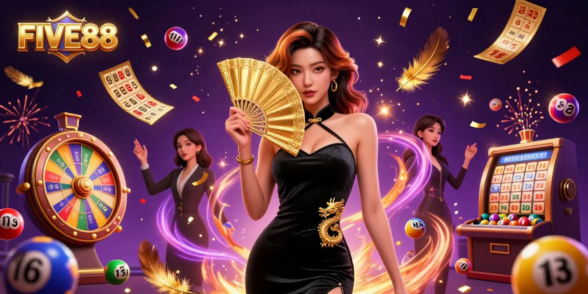 Experience gambling excitement at FIVE88 with a captivating scene of vibrant casino elements and dynamic characters.
