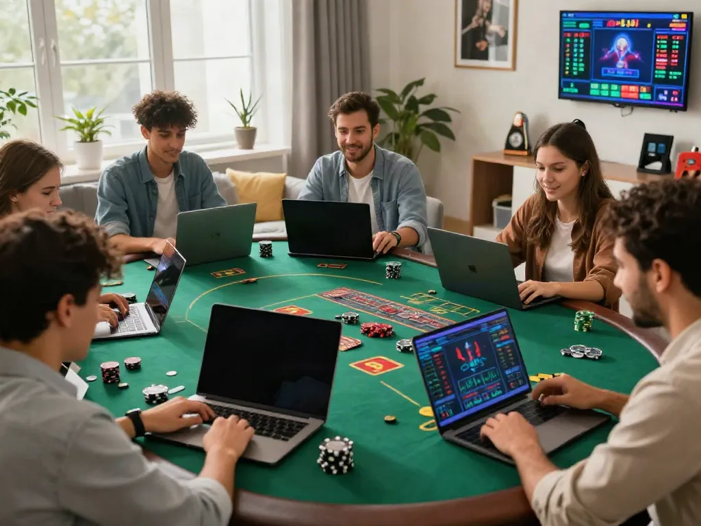 Diverse friends enjoying online gambling at home, engaging in games like poker and roulette on laptops and smartphones within a cozy living room setting.