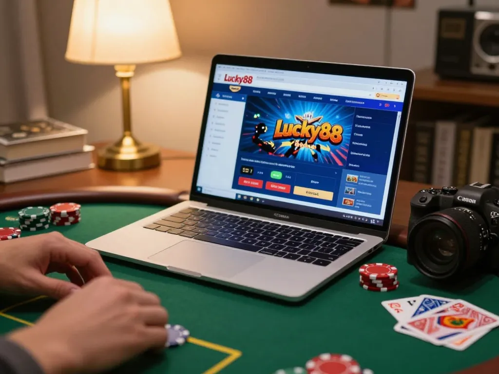 Player engaging with the Lucky88 online casino platform during a cozy home gaming session.