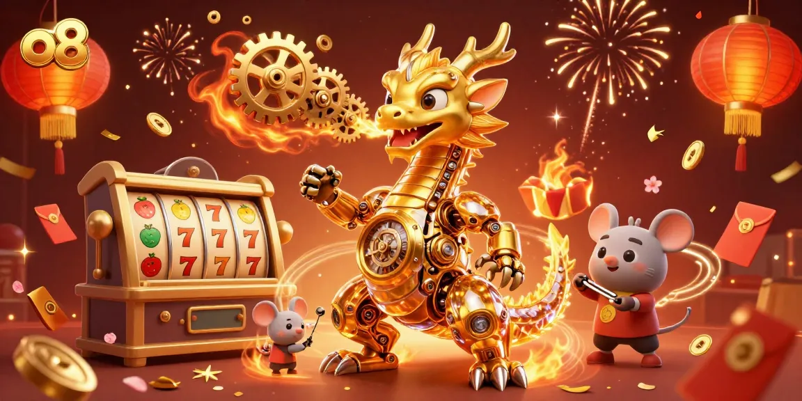 Immerse in thrilling o8 slots with a golden dragon unleashing gears amidst festive celebrations.