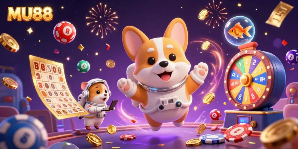 Engage in thrilling MU88 gaming adventures amidst a vibrant casino atmosphere with floating characters.