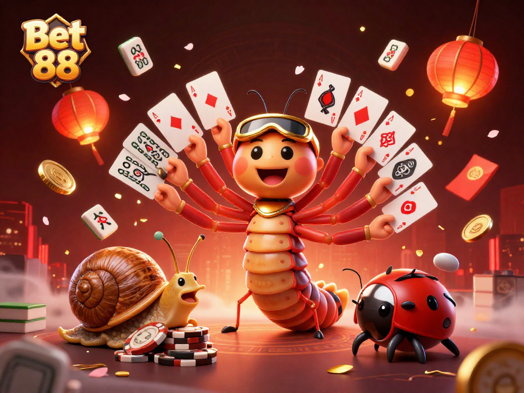 Bet 88 casino scene featuring a colorful millipede dealer, floating mahjong tiles, and vibrant decorations.
