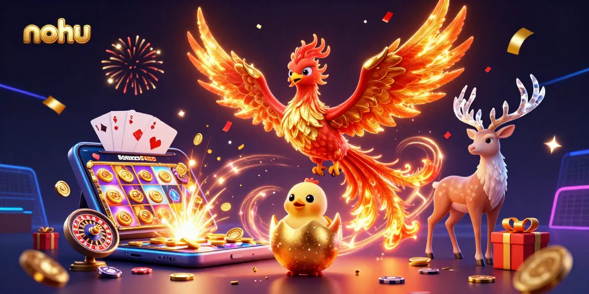 Spin to win at nohu with a vibrant 3D casino illustration of phoenixes and slots!
