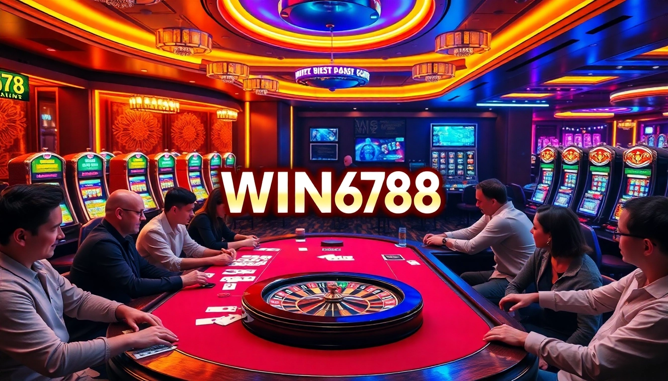 WIN678 logo displayed in a vibrant casino scene filled with players enjoying poker and slot machines.