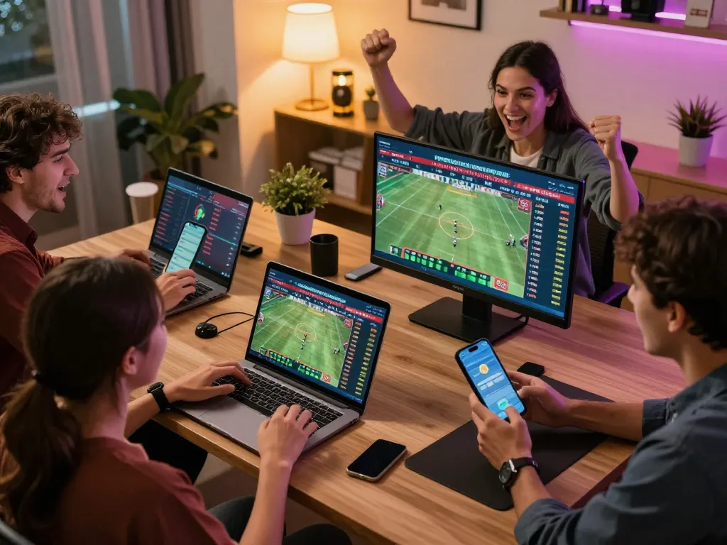 GG88 users engaging in live sports betting from home, screens displaying real-time odds and statistics.