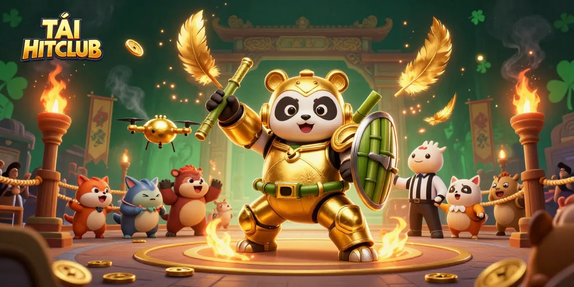 Play and win at TẢI HITCLUB, featuring an action-packed 3D illustration of gaming excitement with vibrant casino elements.