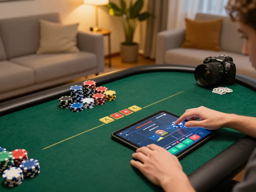 Player engaging in a thrilling 98 WIN online poker game on a tablet, showcasing strategic gameplay.
