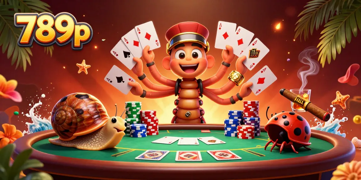 Experience thrilling action at 789p casino with a vibrant 3D illustration of lively characters and poker elements.