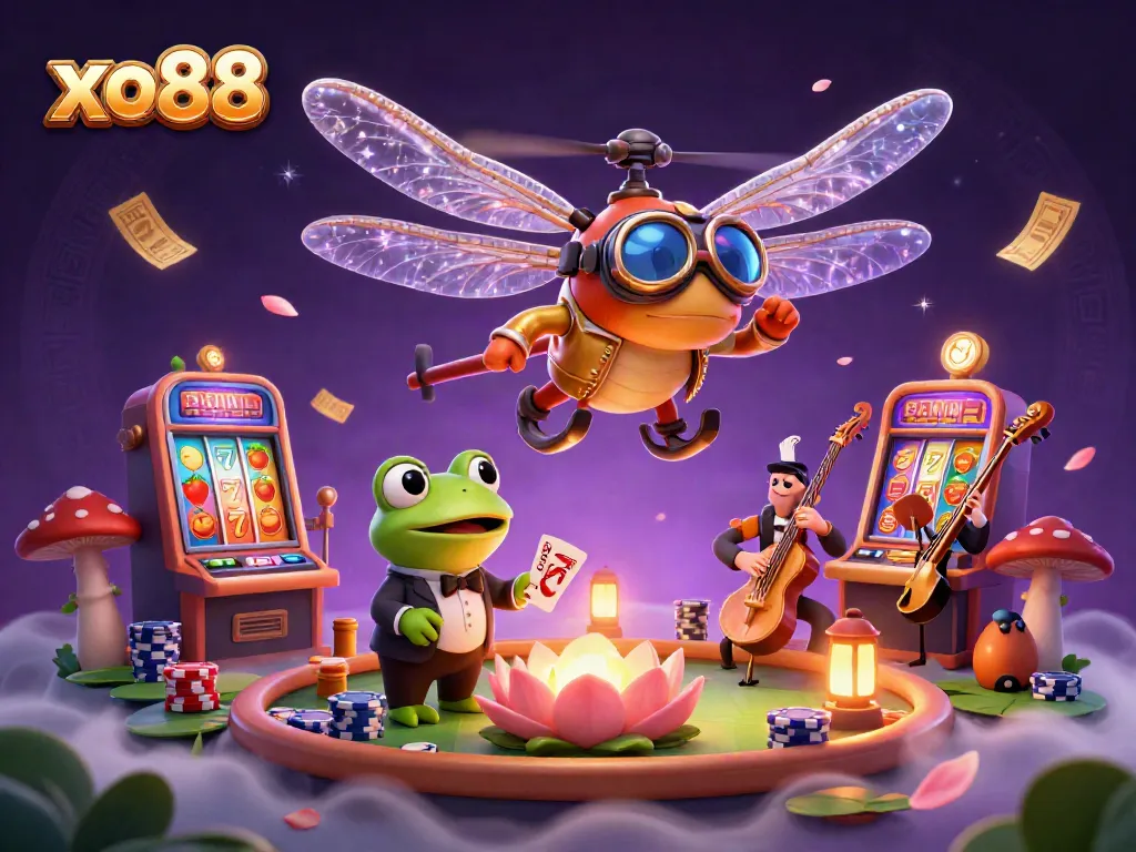 Experience thrilling gaming action with xo88 in a vibrant tropical casino scene featuring animated characters and lively game elements.