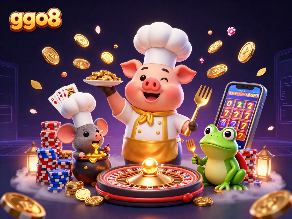 ggo8 offers a vibrant gaming scene with playful characters, gold coins, and casino elements showcasing online gaming excitement.