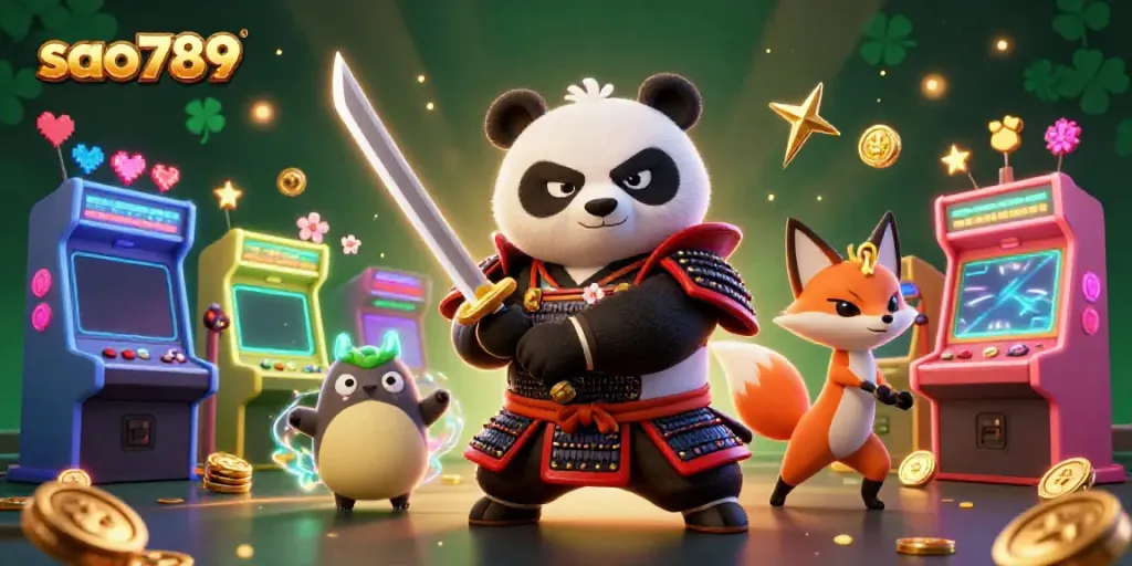 Engage in the thrill of gaming with sao789, featuring a samurai panda and ninja fox in an electrifying casino scene.