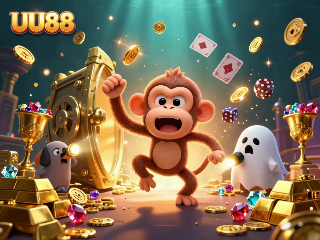 Experience the excitement at UU88 with a mischievous poltergeist monkey juggling golden treasures in a haunted casino scene.