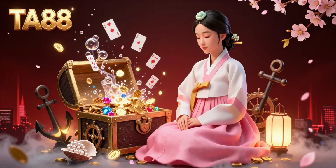 TA88's elegant Asian character immersed in vibrant casino elements, enjoying thrilling games.