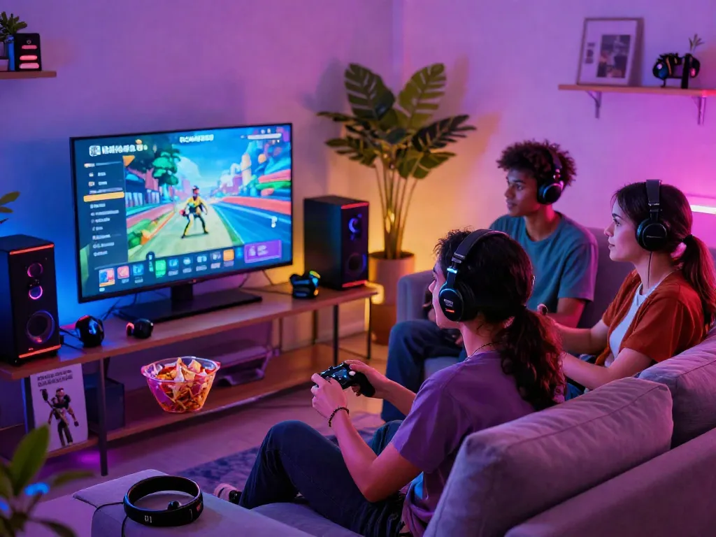 Diverse group of friends enjoying the ROKOK88 gaming experience in a cozy living room filled with colorful LED lights.