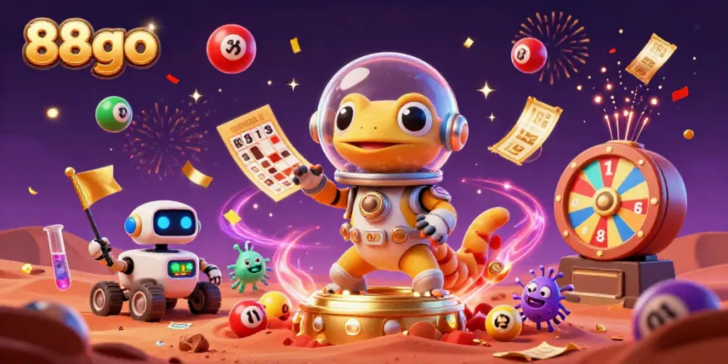 Experience the thrill of 88go with a cheerful Martian gecko in a golden casino, vibrant lottery balls flying around