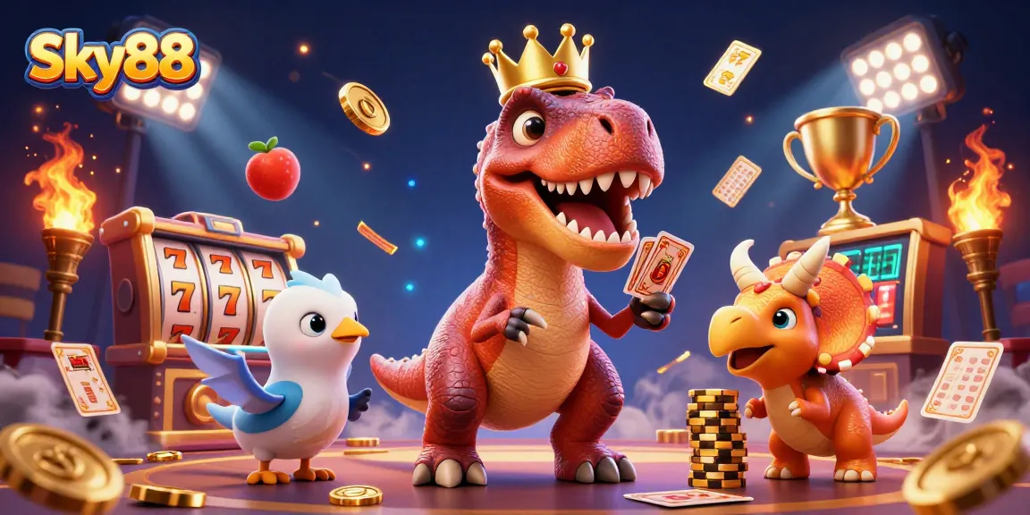 Engage with Sky88’s exciting slots featuring a T-Rex and friends playing cards amidst golden jackpot elements.