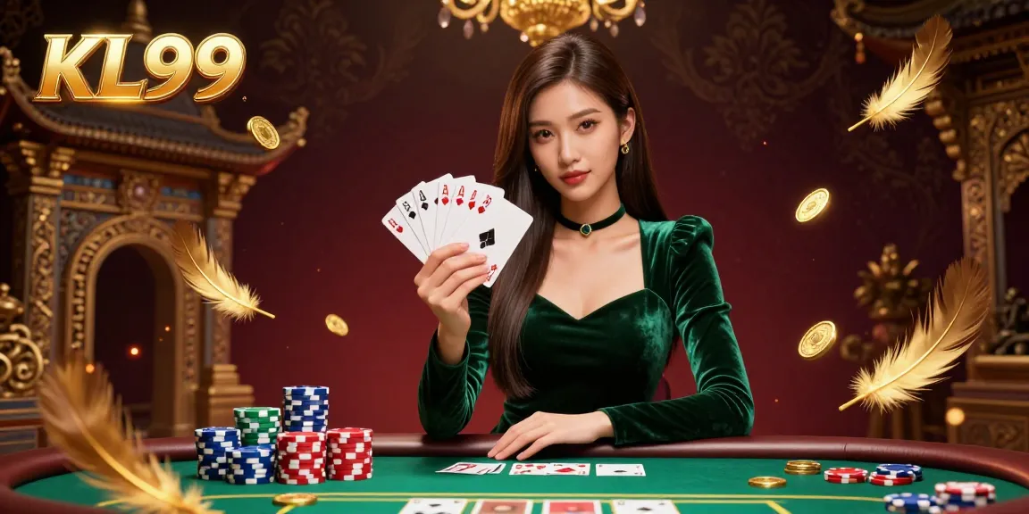 Experience the thrill of KL99 as a skilled player handles cards at a luxury poker table with stunning details.