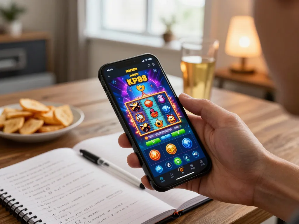 Playing KP88 mobile app showcasing vibrant slot games in a cozy home setup